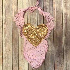 Baby Girl Heart Sequin Pink Gold Romper Valentines